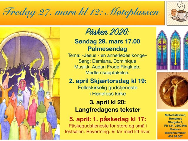 VELKOMMEN TIL PÅSKEFEIRING som starter palmesøndag. Tema:'Jesus en annerledes konge!'Pastor Susan G. Mati. Sang og musikk: Damiana, Dominique, fam Kubuya og Audun Ringkjøb. Medlemsopptagelse. Kirkekaffe.