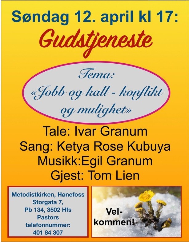 TEMA - gudstjeneste: 'Jobb og kall - konflikt og mulighet!' Ivar Granum taler, respons ved Tom Lien. Sang av Ketya Kubuya. Egil Granum spiller. Opplegg for barna. Kirkekaffe.