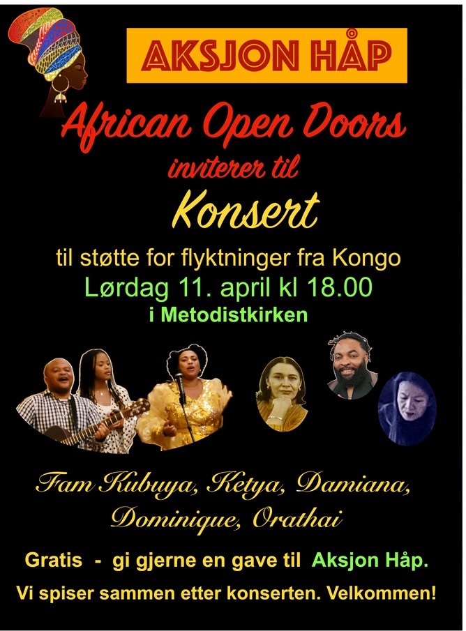AFRICAN OPEN DOORS inviterer til KONSERT med FAMILIEN KUBUYA med band, Damiana, Dominique og  Orathai. Offer til inntekt for Aksjon Håp - Uganda. Måltid og fellesskap.  Gi din gave på VIPPS 955 304.